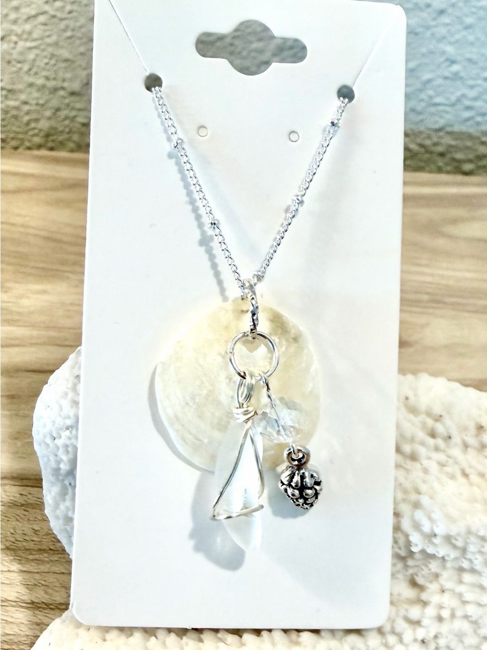 124. Jingle Shell Pendant Necklace with White sea glass and pine cone charm